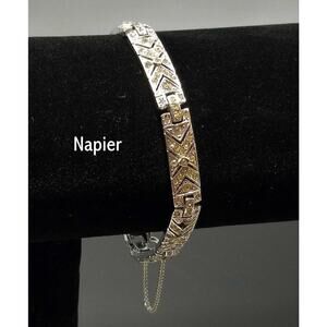 Vintage Napier Rhinestone Geometric Bracelet, Safety Chain, 1960s, 7"